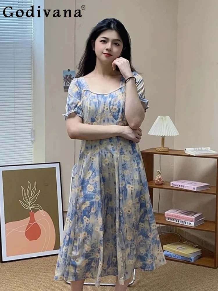 

Large Size Women Summer Thin Sweet Elegant Retro Dress Fashion Versatile Chiffon Floral High Waist A-line French U Neck Dresses