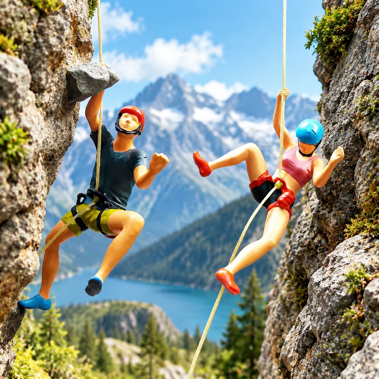 1/64 Scale Rock Climbing Couple Miniature Figure Model Diorama Scene Micro Shooting Figurine for Landscape Scene Photography
