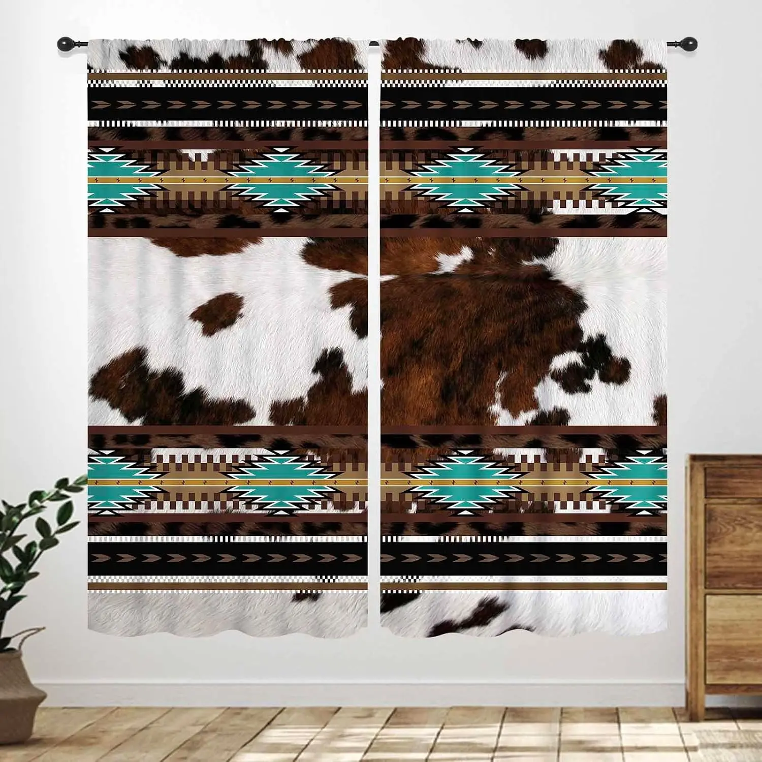 Vintage Western Cow Fur Turquoise Tribal Pattern Print Blackout Rod Pocket Curtain Earth Soft Zen Luxury Homestay Bedroom Rest