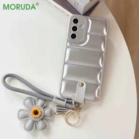 3D Sunflower Wrist Strap Case For Samsung Galaxy S25 S24 Plus S23 FE S22 Ultra A15 A55 A26 A53 A52 A72 Note20 Down Jacket Cover