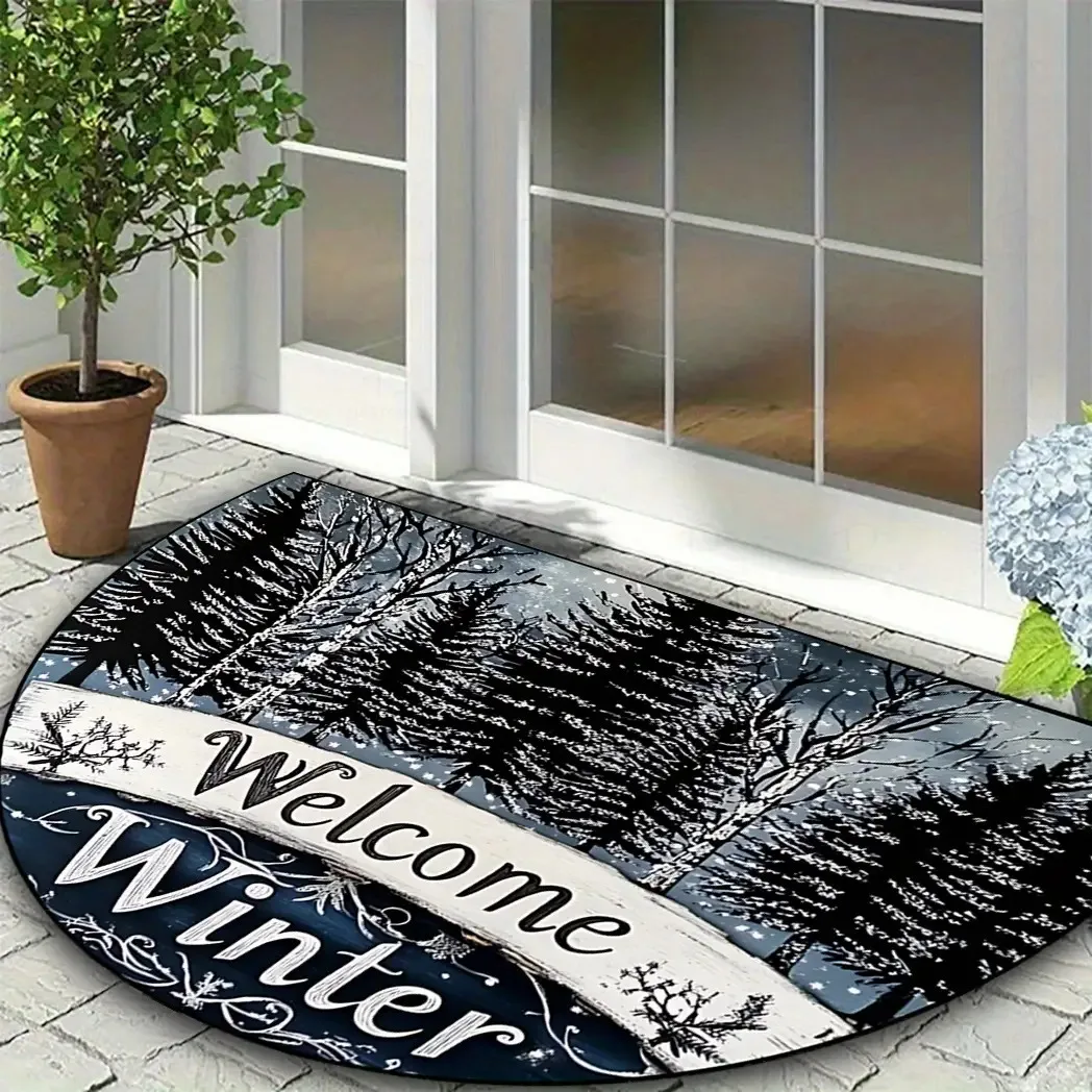 Blue Gray Snowflake Star Geometric Pattern Semi Circle Doormat For Contemporary Entryway Modern Winter Theme Accent