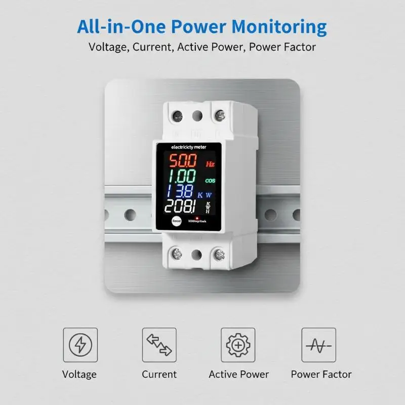 Digital Energy Meter Din Rail Electricity Usage Monitor AC30-400V Voltmeter Ammeter Watt Kwh Frequency Power Meter