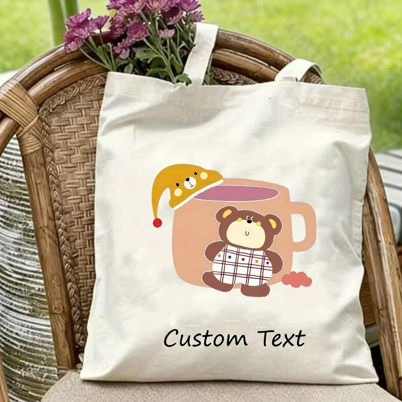 1PC Custom Text Canvas Tote Bag Cute Sleepy Bear Coffee Cup Print Reusable Shoulder Shopping Bag Personalized Gift Handbag