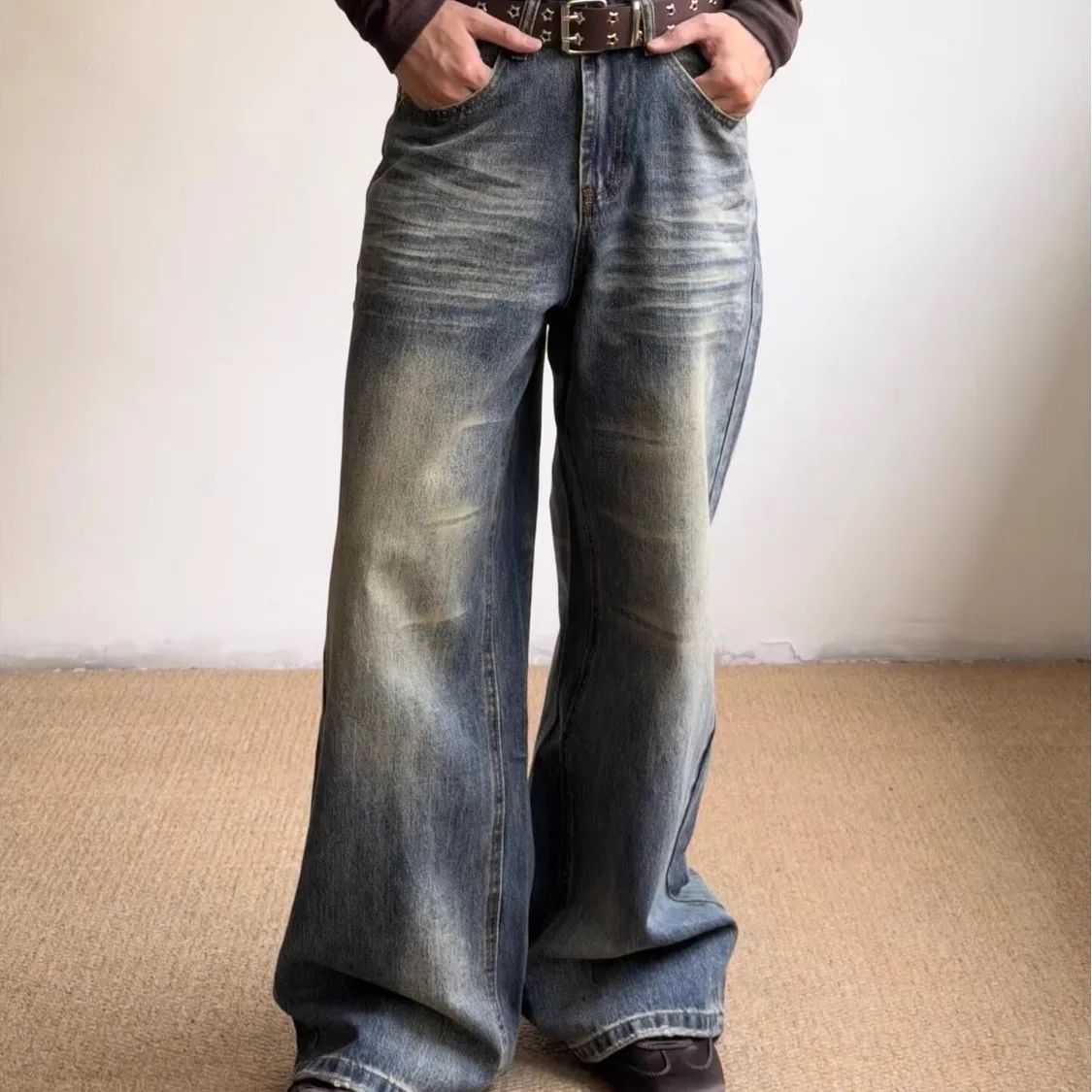 

Американские ретро-джинсы с эффектом потертости, мужские, модные, свободного кроя, прямые брюки, повседневные, стильные.