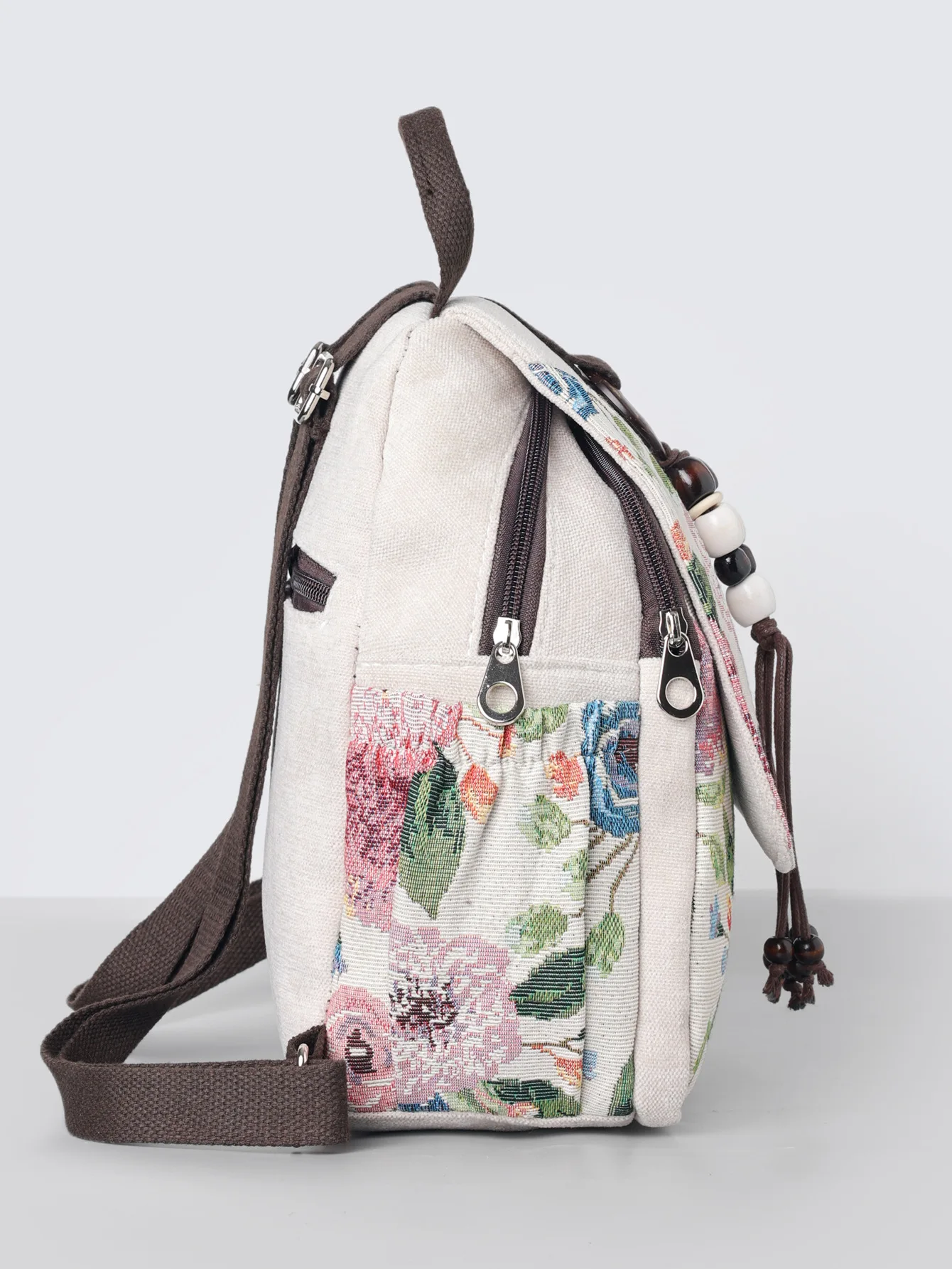 Vintage Floral Tapestry Backpack for Women Bohemian Bead Tassel Canvas Small Daypack Ethnic Style Travel Shoulder Bag - view 5