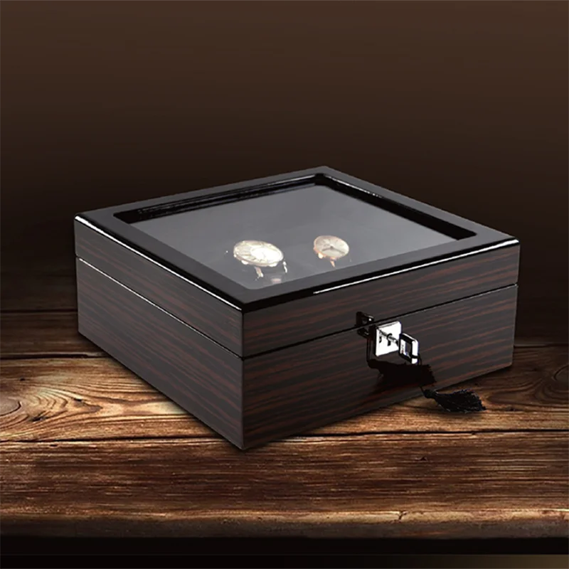 Wooden Watch Box Organizer for Men 6 Slots Black Large Luxury Watch Box Case with Lock Display Watches Box Pillows Free Shipping