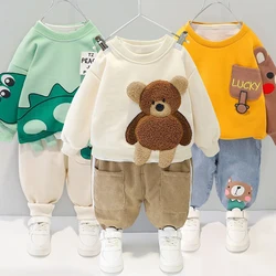 Baby boy cotton two-piece suit boy girl plus velvet warmth cartoon bear cute baby suit baby clothes cartoon t-shirt kid suit