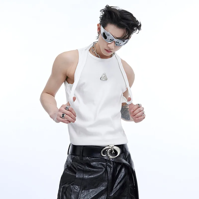 IEFB New Summer Male Tank Tops Metal Design Double Straps Tops Sleeveless O-neck Solid Color Men\'s Vest Niche Style 2024 9C6749