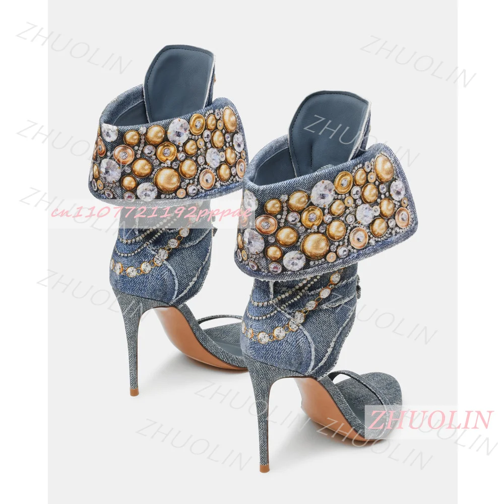 Women Blue Denim Rhinestone Sandals Lace Up Ankle Cuff Stiletto High Heels Open Toe Party Shoes Fashion Footwear EU Sizes Trendy view 4