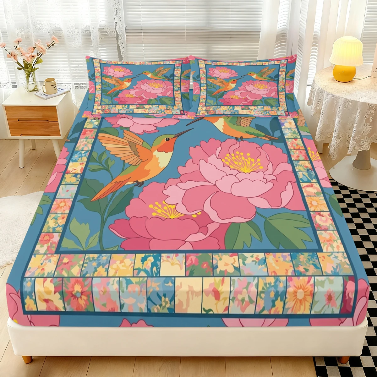 3PCS Blue Base Hummingbird Peony Fitted Sheet Set, Elastic Mattress Cover with Pillowcases, Vintage Floral Bedding Decor