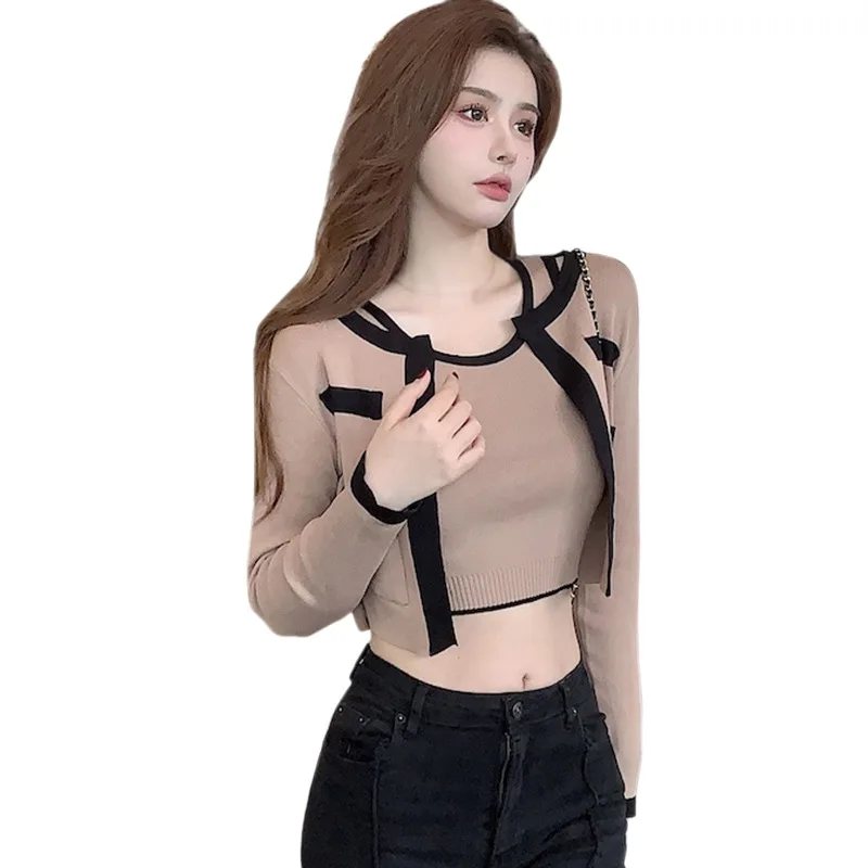 Women Round Collar Color Clash Cardigan Short Knit Long Sleeve Top Cardigan Buttonless Top