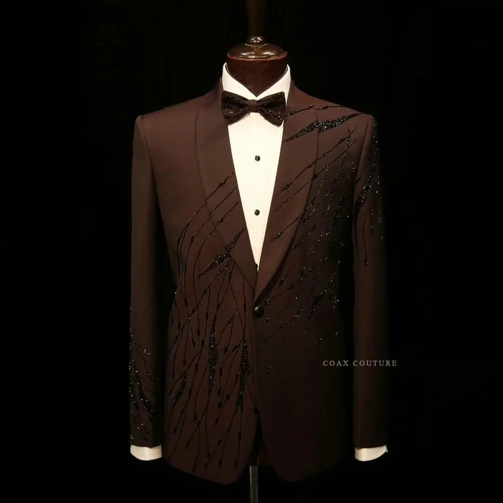 Brown High-End Formal Men Suits Beading Crystal Two Pieces Groom Wear ( Jacket + Pants )