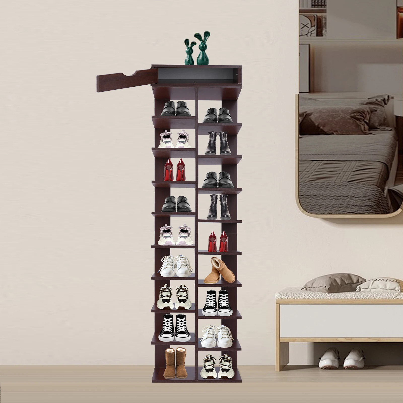 

Wood-colored Particle Board 40*22*141cm Household 10-story Shoe Rack 18 Storage Vertical Porch Storage Rack