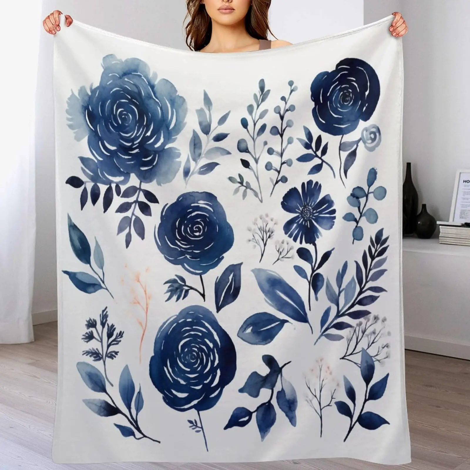 Soft Throw Blanket Boho Roses Cozy Flannel Bed Blanket Indigo Blue Navy Blanket Super Soft Flannel Bed and Sofa Blanket ﻿