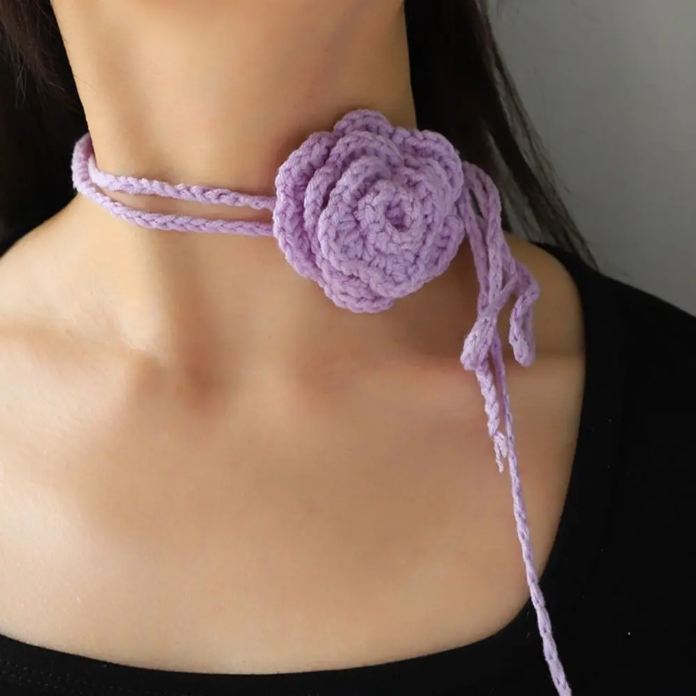 Cotton Thread Knitted Clavicle Chain Exaggerated Big Rose Flower Clavicle Chain Necklace Elegant Romantic Rope Choker Ladies