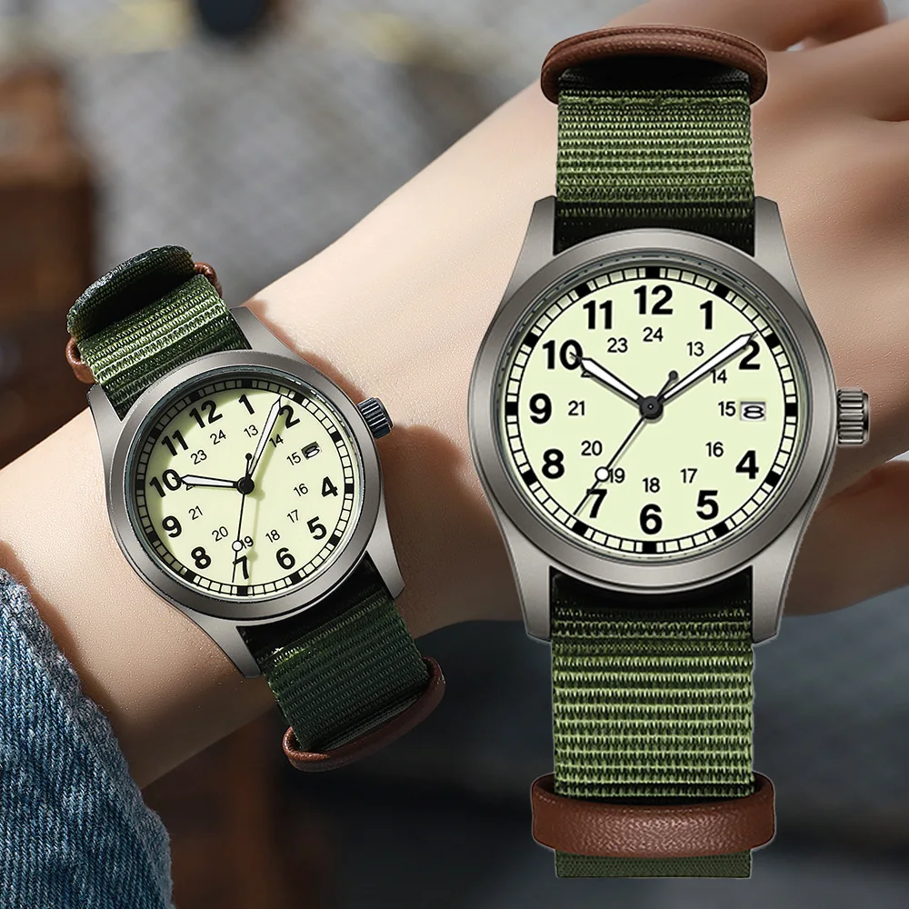

Vintage Workwear Style Ladies Watch Army Green Canvas Band Luminous Dial Calendar Fashion Outdoor Camping Daily Wrist Watch