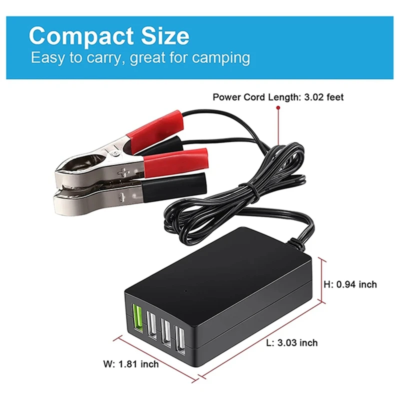 Pengisi daya USB 12V/24V ke 5V 4-Port dengan klip baterai untuk ponsel pintar & tablet lainnya