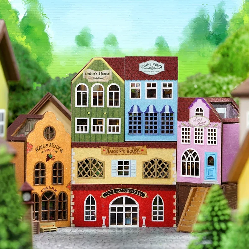 Animation Cartoon DIY House Building Block Town Street View Collapsible Mini House Model Scene Toy Birthday Gift Peripheral