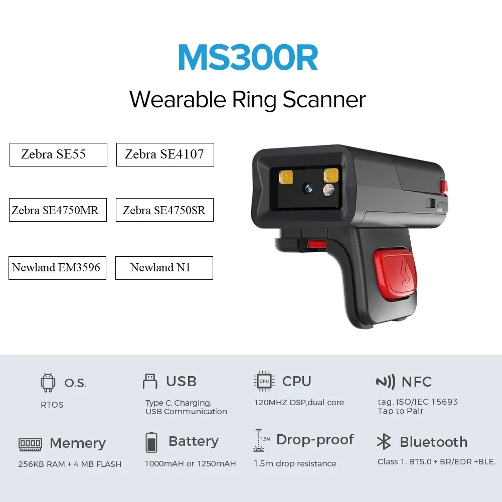เครื่องอ่านบาร์โค้ดไร้สายบลูทูธ MEFERI MS300R แบบมินิ แหวนสวมนิ้ว พกพาสะดวก