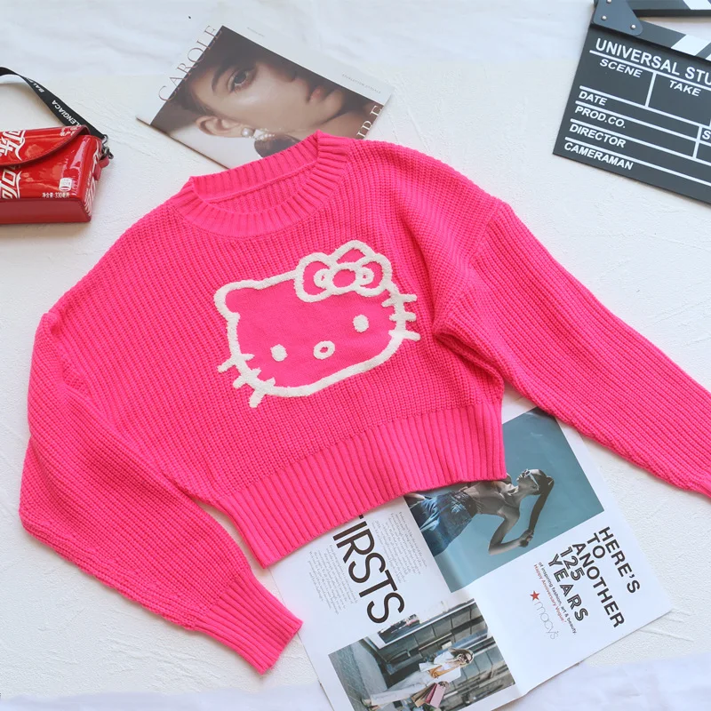 

hello kitty sweater anime MINISO cute girl pullover kawaii pink sweater embroidery Short style Slim fit long sleeves Shirt