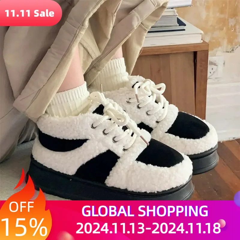 Versatile Winter Fashion Cotton Shoes Men's Women's Women's Comfortable Warm Non-slip Retro Lamb's Wool Bread Shoes Shoelace