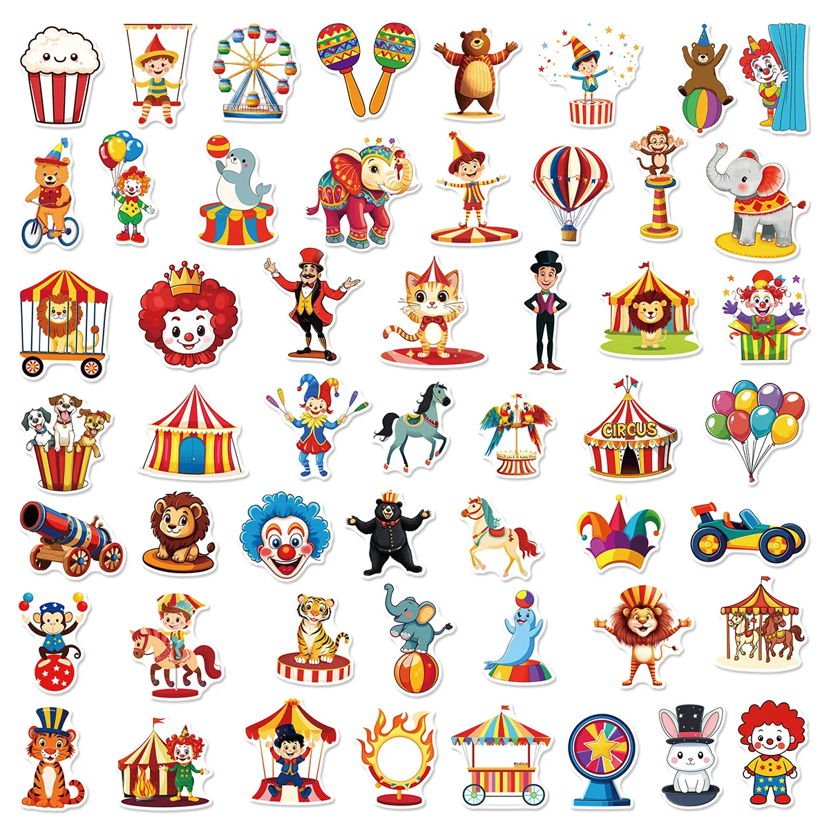 50PCS Circus Graffiti Stickers Cute Animal Decals Clown Cartoon Sticker Funny Performance Decoration Laptop Guitar Car Bike