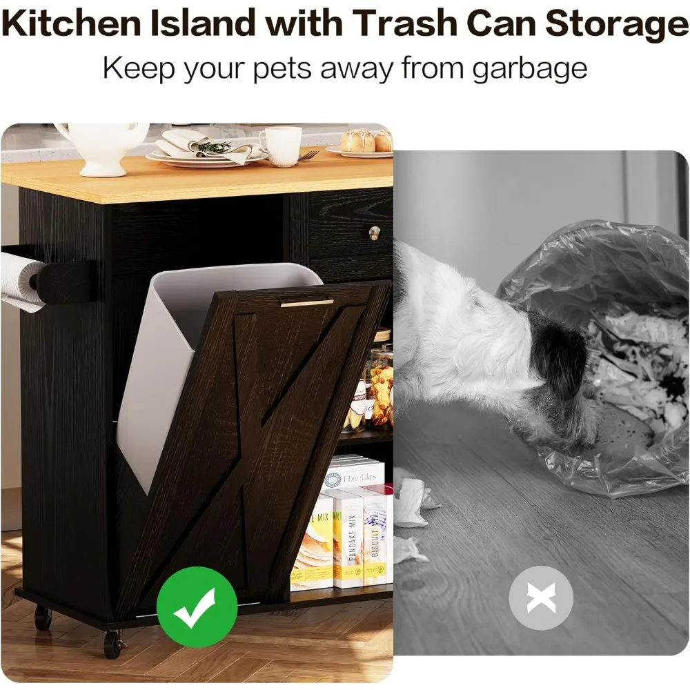 جزيرة المطبخ المتدحرجة مع مساحة تخزين سلة المهملات، عربة جزيرة المطبخ مقاس 48 بوصة مع سطح طاولة على شكل أوراق شجر، وطاولة جزيرة مع درج وها
