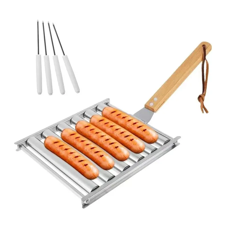 

AEE2-Hot Dog Roller, Stainless Steel Sausage Roller Rack With Wood Handle, BBQ Hot Dog Griller For Evenly Cooked Hot Dog