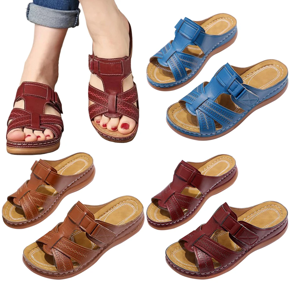 

Женские ортопедические сандалии с открытым носком, винтажные шлепанцы для пляжа, нескользящая толстая подошва, для дома и улицы