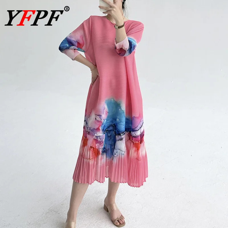 

YFPF Miyake Pleated Dress Women Elegant Floral Printing A Line Loose Long Evening Dresses Fashion 2025 New Clothing 3A448