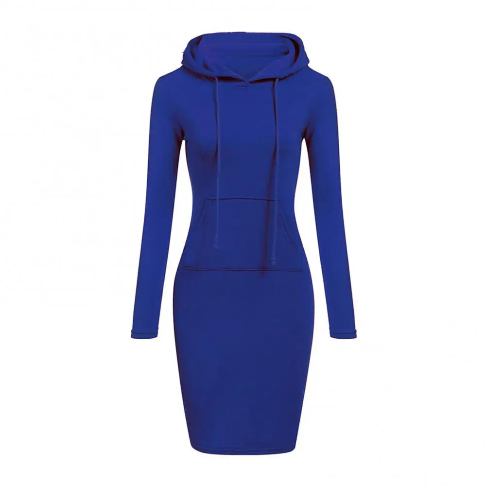 Long Sleeve Solid Color Hoodie Sweatshirt Women Hooded Pocket Bodycon Hoodies Dress