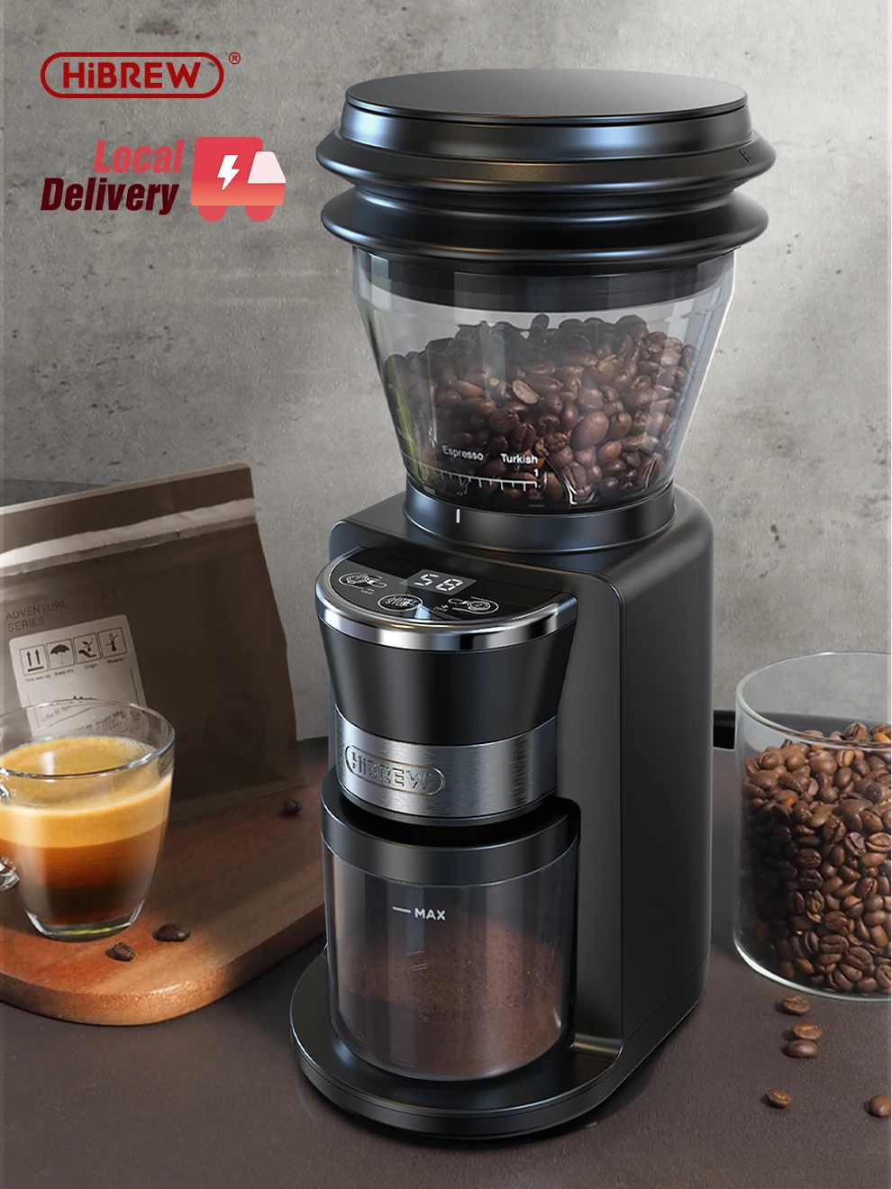 Macinacaffè elettrico automatico HiBREW con 31 marce per caffè espresso americano versare sopra lo stoccaggio visivo dei fagioli G3