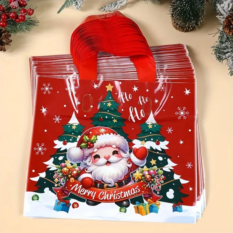 25pcs Printed Christmas Gift Bags, Reusable Plastic Tote Bags for Small Gifts, Perfect for Holiday Party Decorations