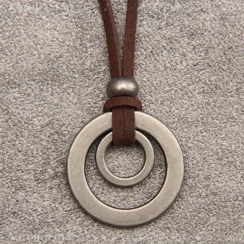 1pc Retro Simple Double Ring Alloy Pendant Necklace Adjustable Flannel Rope Long Short Necklace for Men