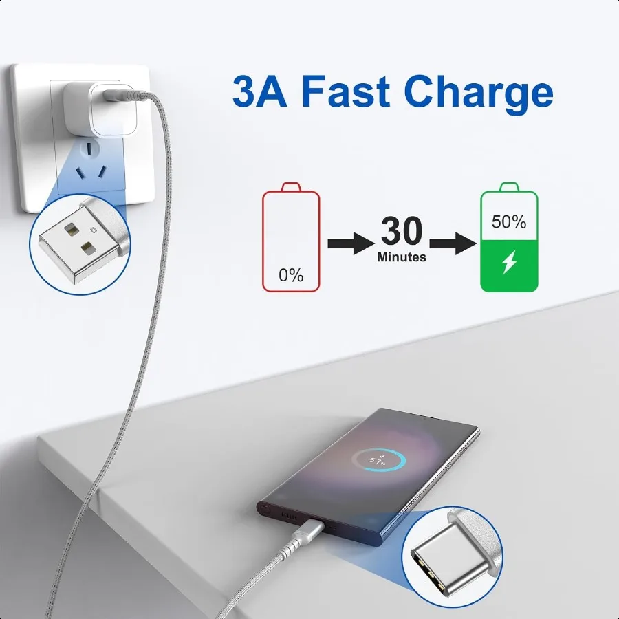 6-футовый зарядный кабель USB C, 3 шт., плетеный кабель USB A — USB C, шнур для быстрой зарядки типа C, совместимый с Apple iPhone 15 Pro Max N