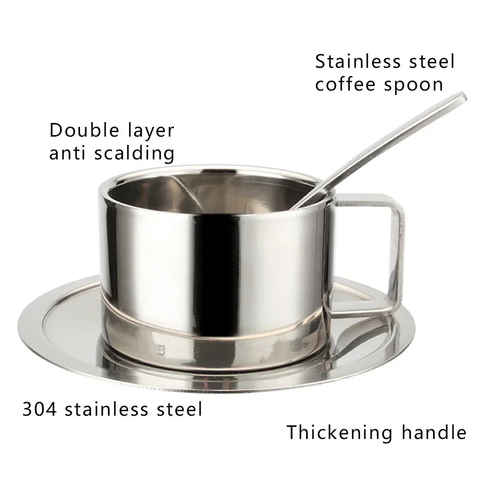 

3pcs Stainless Steel Coffee Cup Set Double Walled Heat Resistant Mug with Saucer Spoon Drink Tableware Kitchen Cafe Accessories