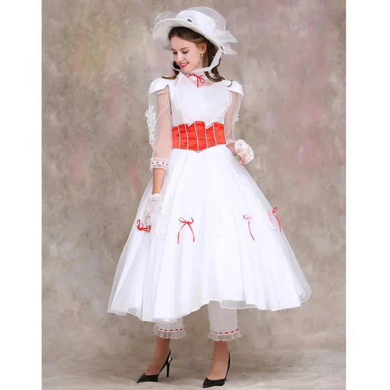 

Mary cosplay Poppins adult size red satin corset dress masquerade elegant prom dress with hat gloves