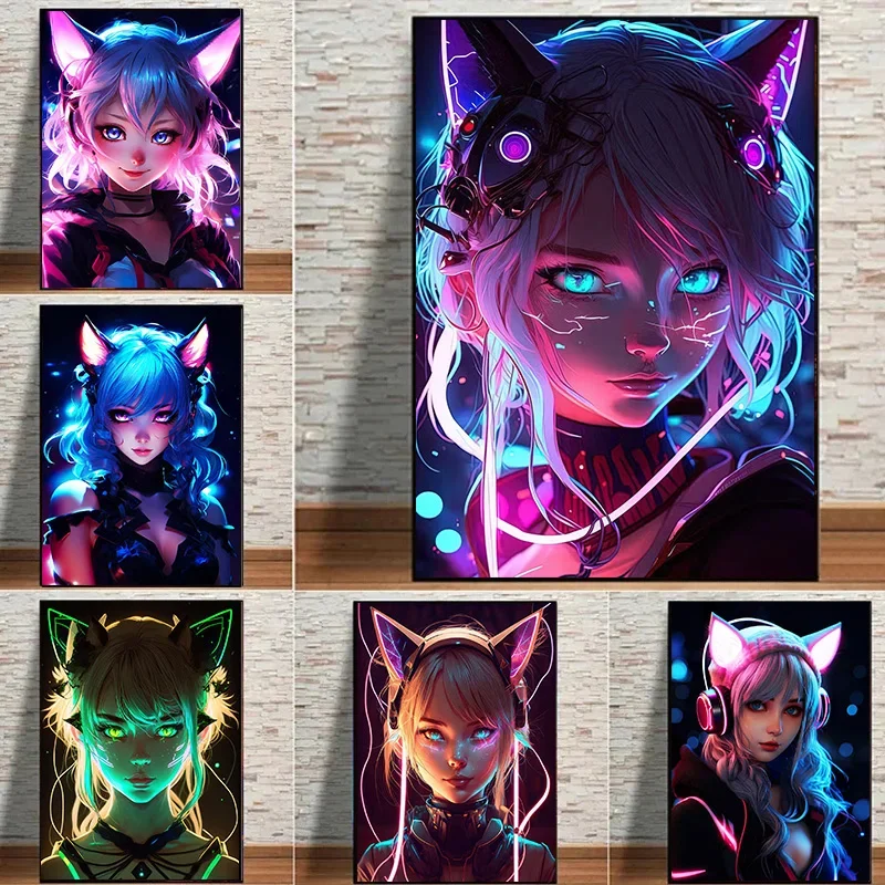 

Неоновые постеры и принты с аниме-девушками-кошками, алмазная живопись, изображения красивых девушек в стиле манга, настенные картины для декора дома и игровой комнаты