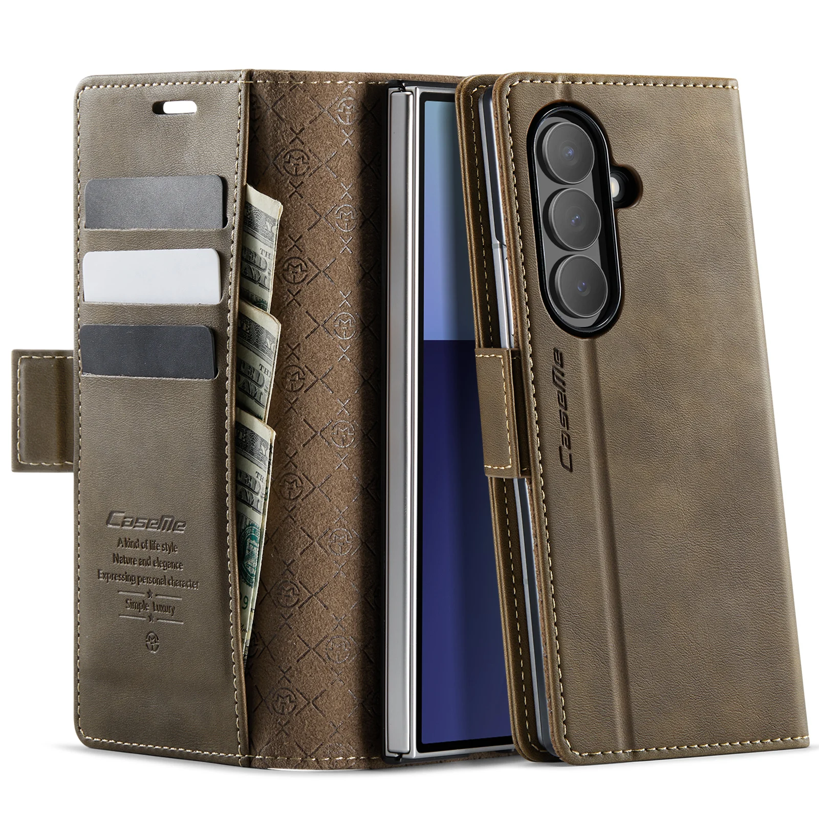 

For Samsung Galaxy Z Fold7 5G Case CASEME 033 Series RFID Blocking Wallet Stand Calf Texture Leather Phone Cover - Coffee