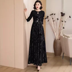 New Women Black Print Dress Spring Autumn Fashion Hollow Out O-Neck Long Sleeve Long Dress Elegant Exquisite Overlength Dress