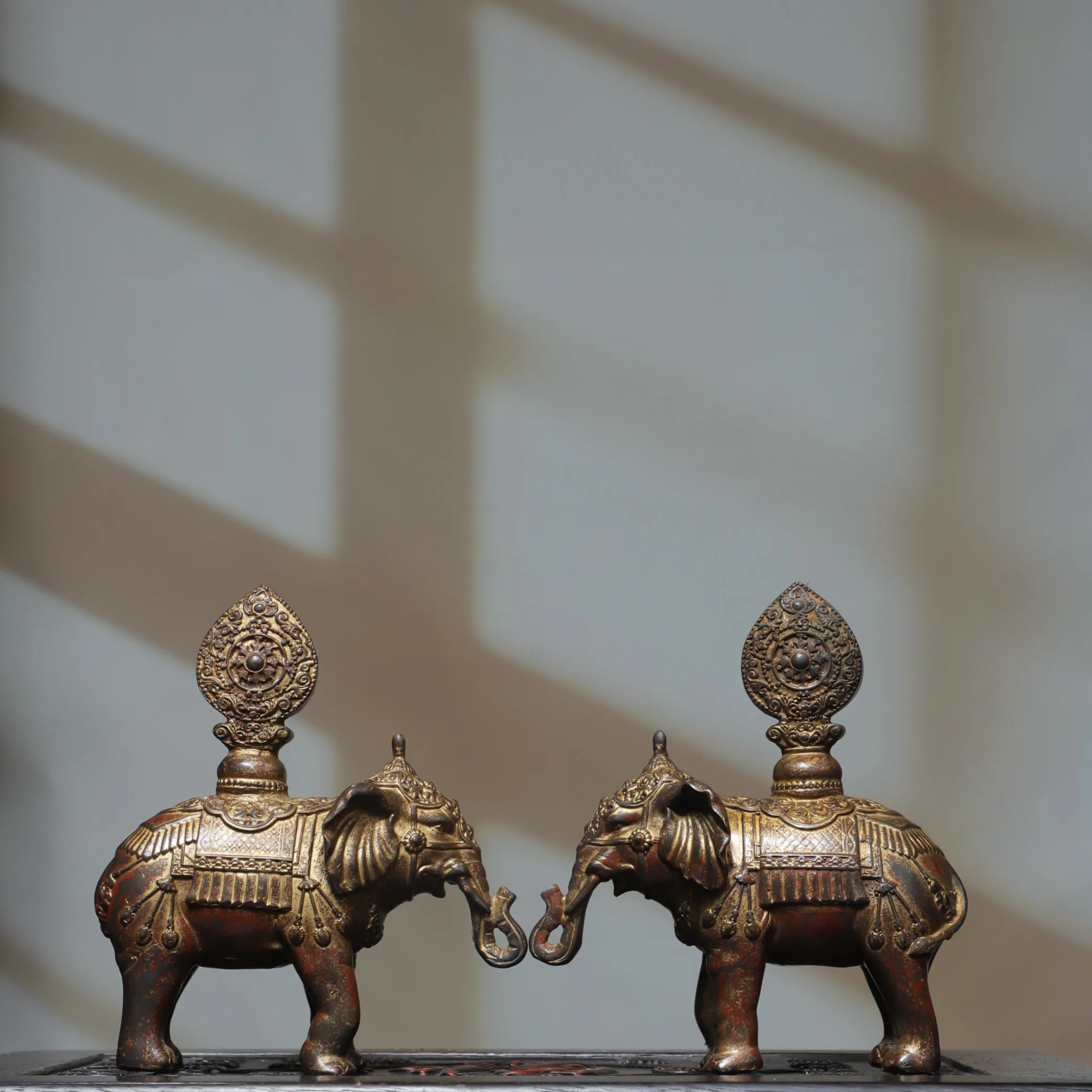 Old Bronze Gilded Cinnabar Good luck and happiness Eight Treasure Elephants statue a pair Blessings Wenfang screen Town house