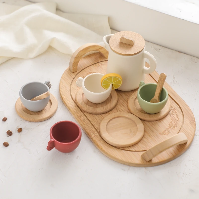 Montessori Toy Baby Wooden Toys Playing House Afternoon Tea Set Silicone Cup Wooden Cup Plate Tray Model Puzzle Toys For Baby