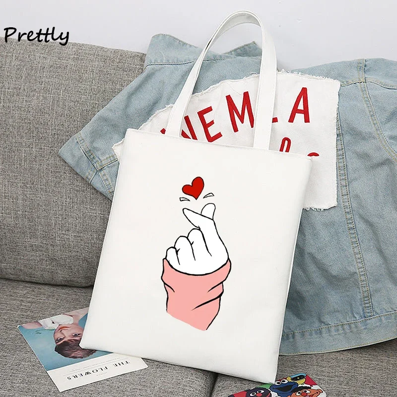 Saranghae Korean Finger Heart Shoulder Handbags Kpop Love K-pop Kdrama Canvas Tote Bag Large Student School Bags Ladies Shopping