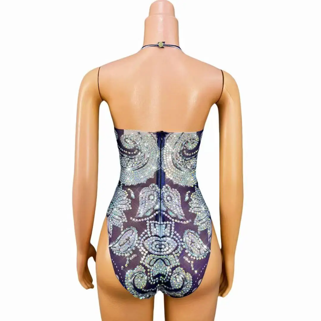 Body Sexy en maille bleue transparente avec strass scintillants pour femmes, tenue de défilé de mode, Costume de séance photo pour spectacle sur scène