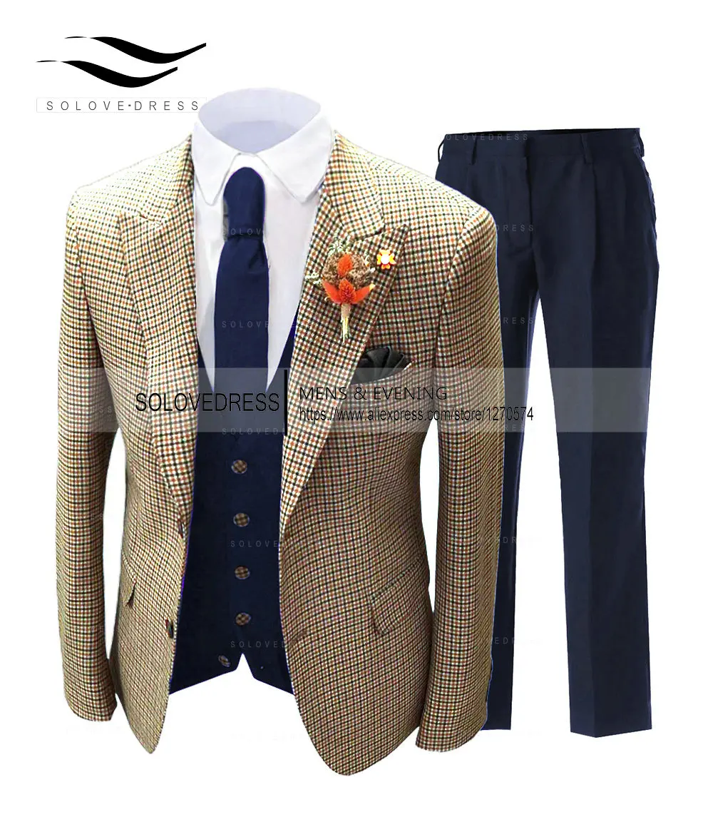 Mens Suits 3 piece Plaid Suit Slim Fit Shawl Lapel Tuxedos for Wedding Groomsmen Suits