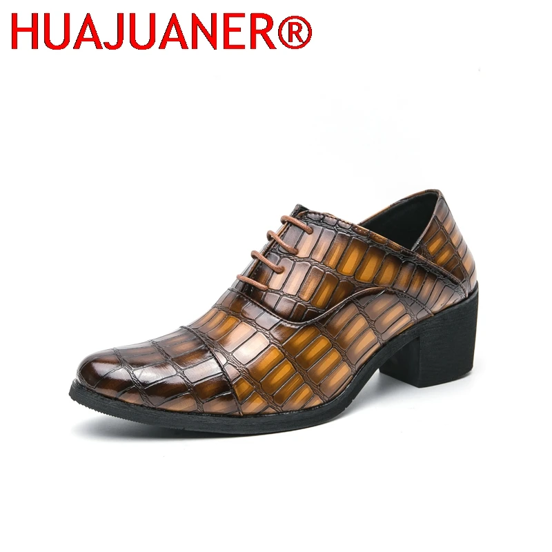 

Luxury Brown Men's High Heel Shoe Pointed Leather Dress Shoes for Men Fashion Height Increasing Wedding Formal Shoes Men Oxfords