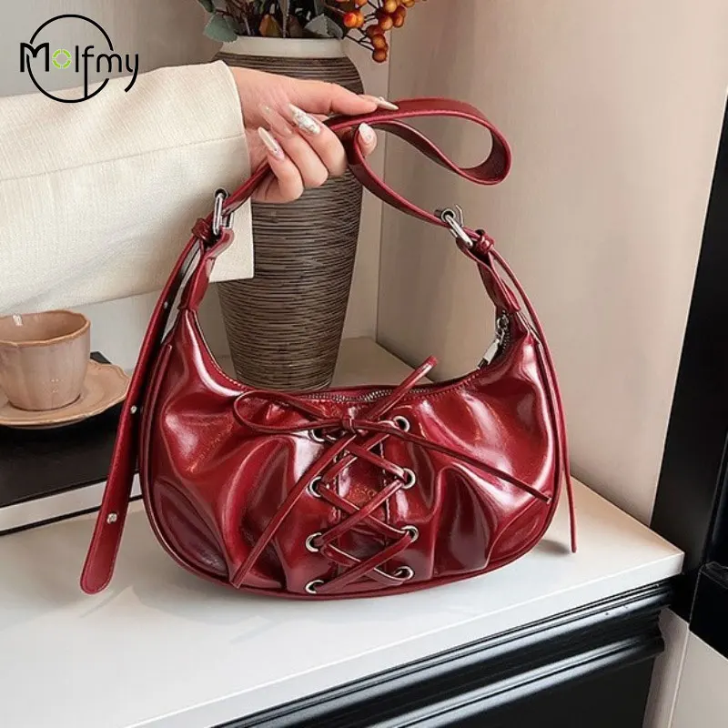 

Cute Y2k Womens Shoulder Bags Retro Underarm Handbag Shiny Surface Fashion Elegant Sweet Lolita Designer Bag Bow Female Handbag
