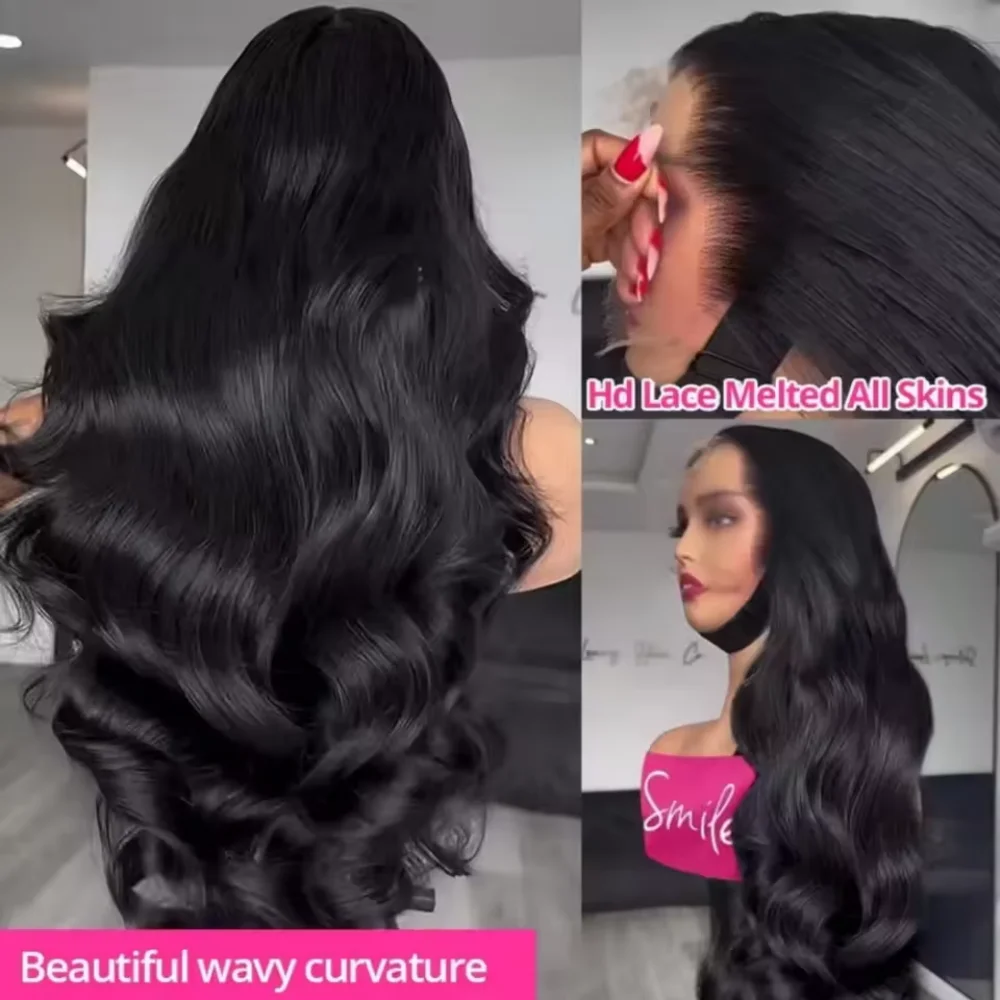 13x4 HD Lace Frontal Natural Black Wig 40 Inch Brazilian Body Wave Human Hair 250 Density Pre Plucked Baby Hair Smooth Bouncy Hair Extensions view 5