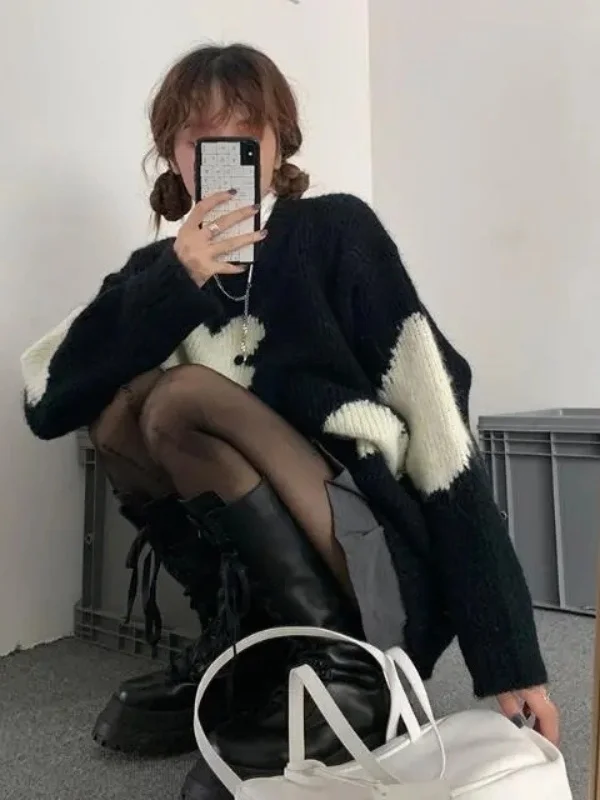 루즈핏 캐주얼 니트 스웨터 여성용 가을 겨울 따뜻한 보온 롱 스웨터 라운드 넥 탑 패셔너블 클라우드 플라워 패턴