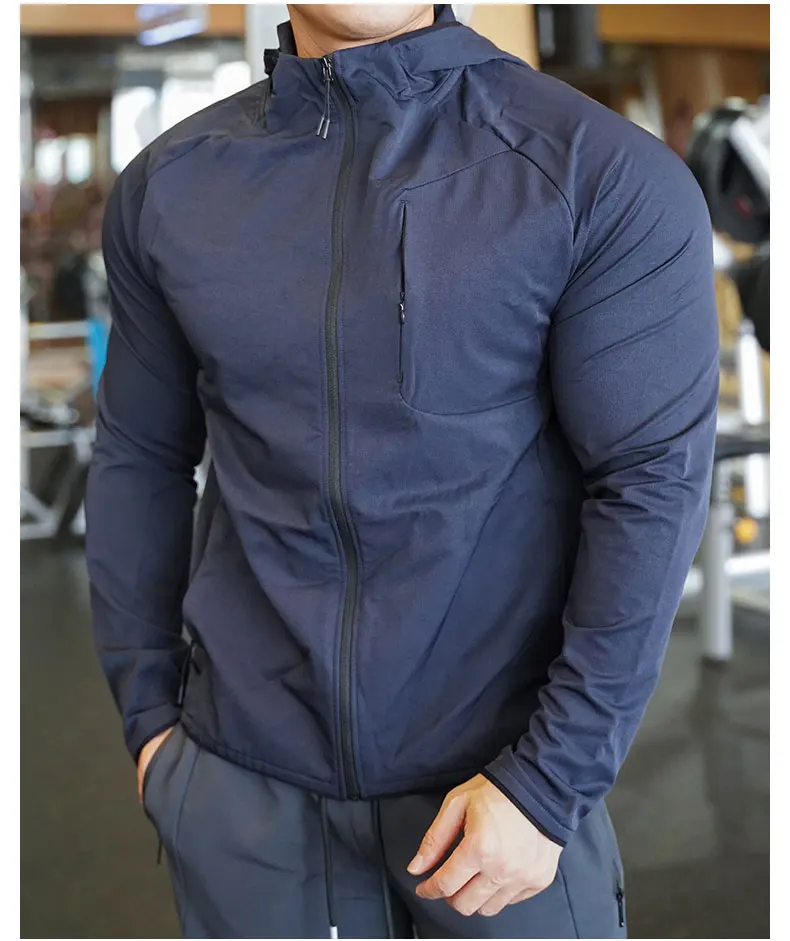 Hochwertige Nylon Sport mantel Herren Fitness Fitness Hoodies Outdoor Workout Tops Kapuze Training Laufen Reiß verschluss Jacke Kleidung – Detail 11